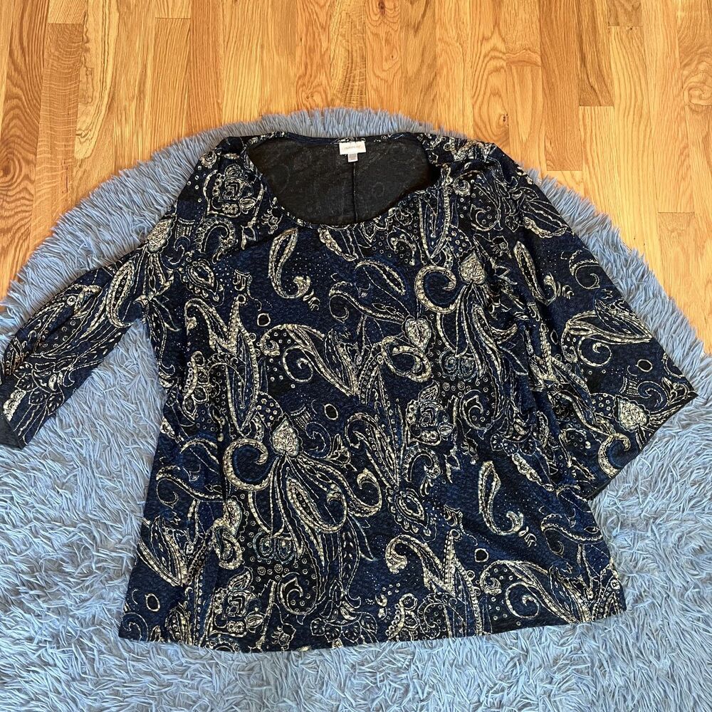 Avenue Navy Gold Floral Artsy Blouse Top Size 2X 22/24